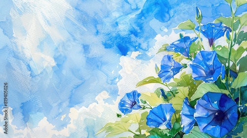 Watercolor landscape of morning glory and blue sky