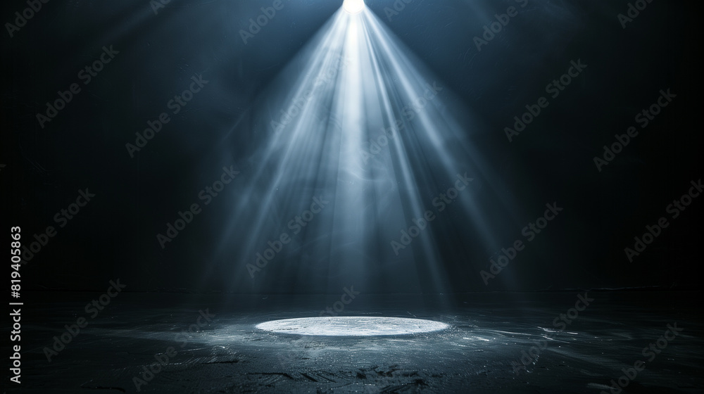 Black background illuminated by a single, powerful spotlight in the center Black background illuminated by a single, powerful spotlight in the center