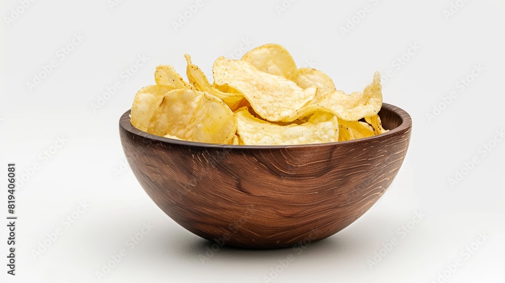 A brown bowl of potato chips isolated on a white background A brown bowl of potato chips isolated on a white background