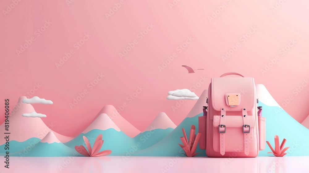 travel flat design side view backpacking theme 3D render colored pastel