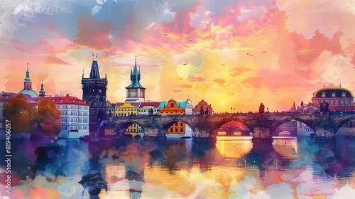 Watercolor painting of the Charles Bridge in Prague. Digital oil color painting illustration photo