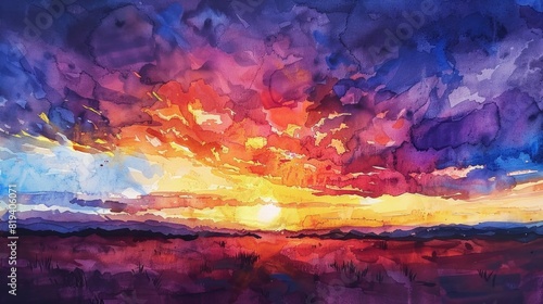 Watercolor painting of the sunset