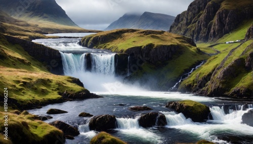 cinematisch aussehende landschaft mit traumhaften wasserfall, island, irland schottland
