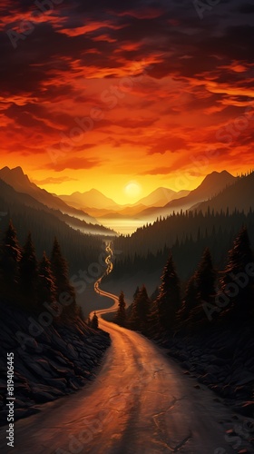 A breathtaking sunset panorama of a mountainous road with trees silhouetted against a fiery sky.