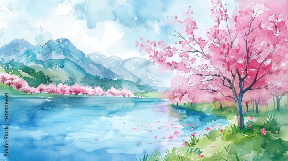 Watercolor spring landscape with pink cherry blossom trees and lake