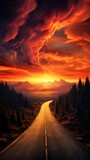A breathtaking sunset panorama of a mountainous road with trees silhouetted against a fiery sky.
