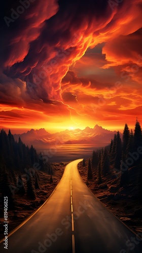 A breathtaking sunset panorama of a mountainous road with trees silhouetted against a fiery sky. photo