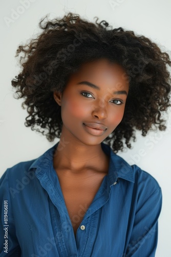 A woman with curly hair and a blue shirt is smiling for the camera