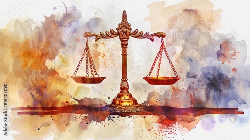 Watercolor-style depiction of justice scales