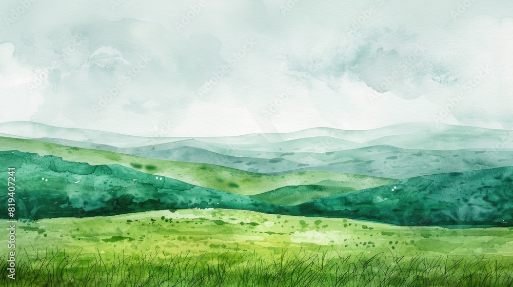 Watercolour illustration of a green meadow landscape, artistic modern and simple background. Watercolour illustration of a green meadow landscape, artistic modern and simple background.