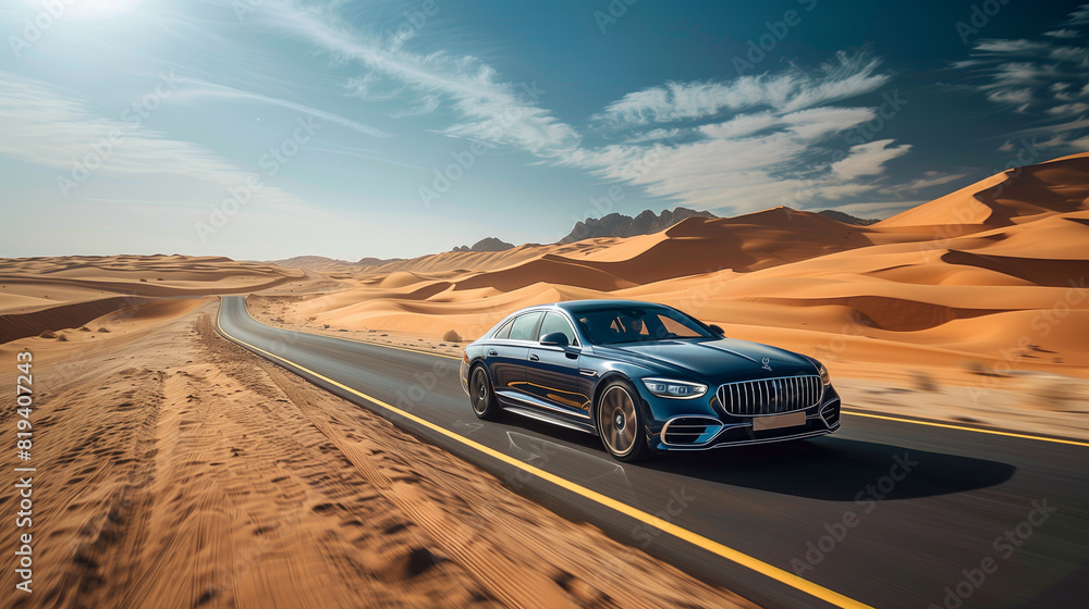 a luxury sedan driving along an empty desert highway a luxury sedan driving along an empty desert highway
