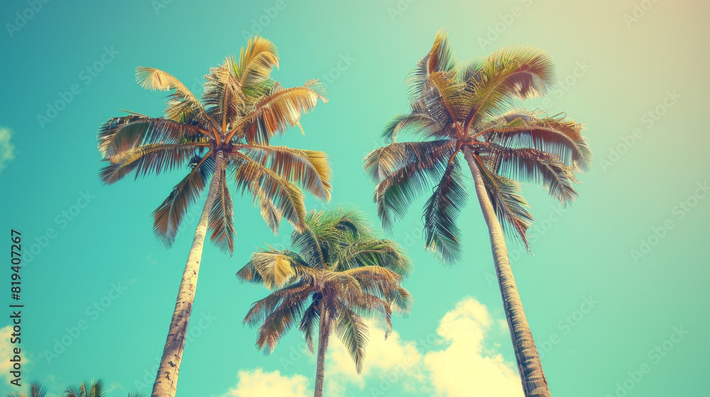 Obraz premium Tropical palm trees on blue sky background, summer vacation concept, retro filter effect