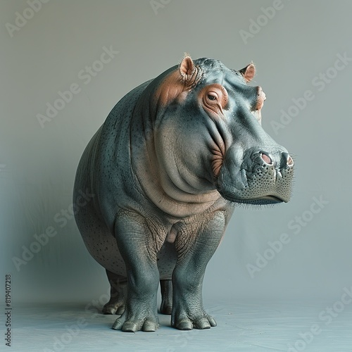 hippopotamus, full body, photograph, side view, gray background 