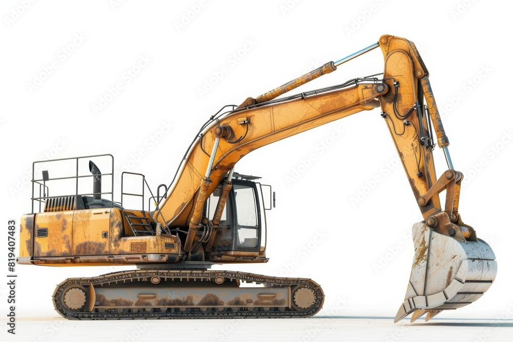 A large yellow construction vehicle with a large scoop on the front, excavator with bucket A large yellow construction vehicle with a large scoop on the front, excavator with bucket