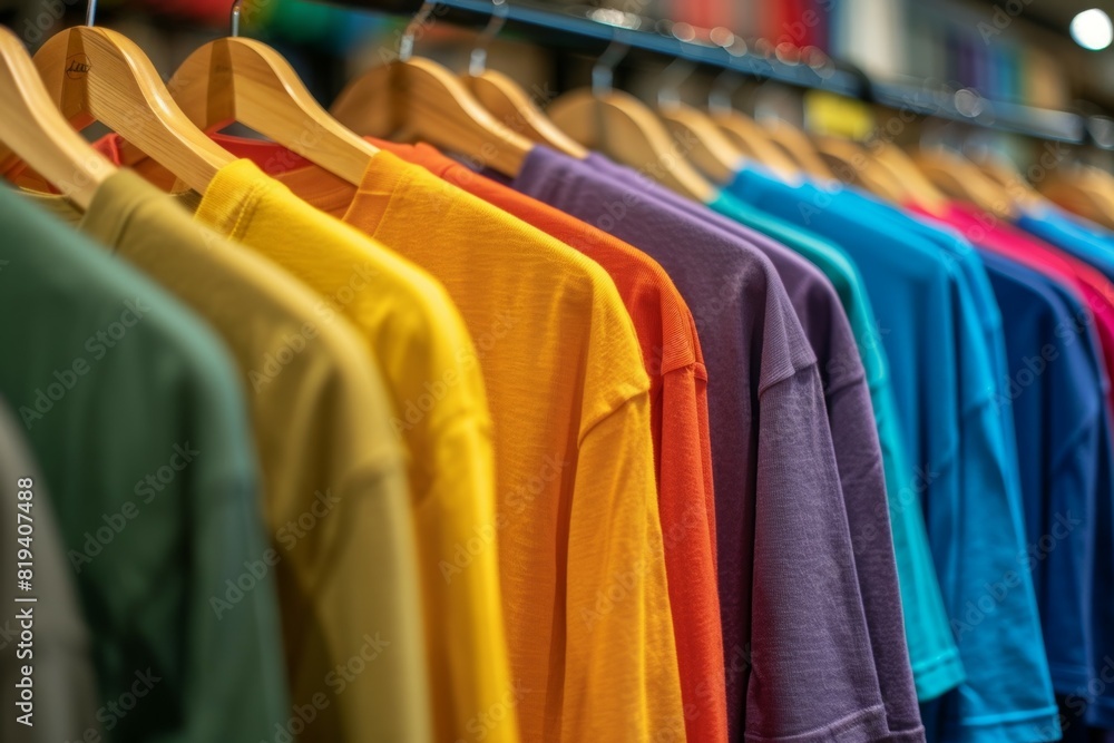 Obraz premium A rack of colorful shirts hanging in a store