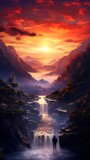 A breathtaking sunset panorama of a mountainous road with trees and a waterfall in the distance, against a fiery sky.