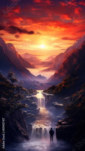 A breathtaking sunset panorama of a mountainous road with trees and a waterfall in the distance, against a fiery sky. photo