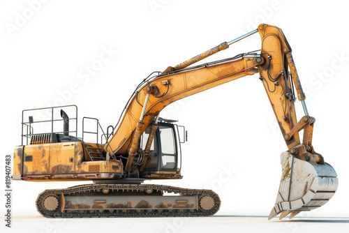 A large yellow construction vehicle with a large scoop on the front  excavator with bucket