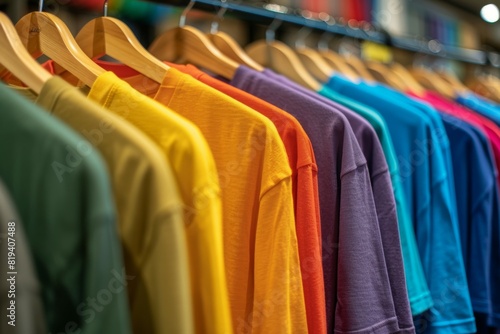 A rack of colorful shirts hanging in a store