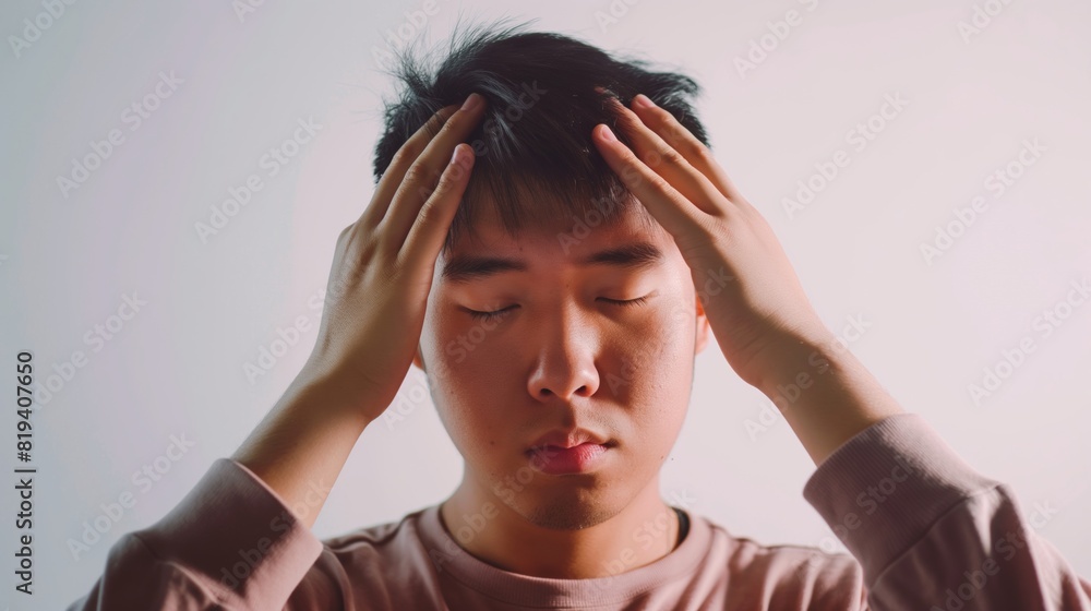 Young Asian man massaging his head in stressful moment indoors during daytime. Young Asian man massaging his head in stressful moment indoors during daytime.