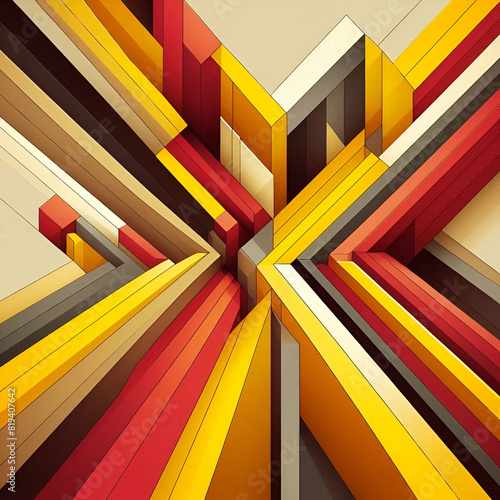 Abstract of Modern Art Deco City Geometric Shapes Triangles, Squares, Pyramid, Stripes, Lines of Yellow, Red, and Brown Converging to Center of Page. Modern Futuristic Bright Web Banner Greeting Card