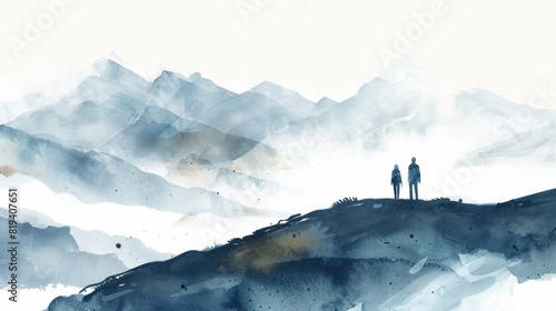 Watercolour illustration of two people wlaking in a mountain landscape, artistic modern and simple background photo