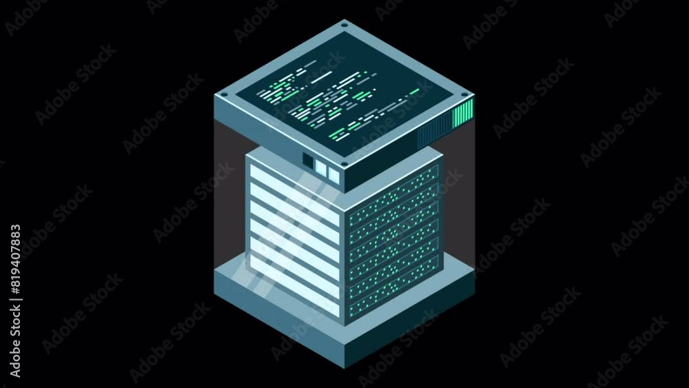 Isometric futuristic server animation. Isometric database or data center. Abstract blockchain. Computer storage. Cloud storage. Transparent background with alpha channel Isometric futuristic server animation. Isometric database or data center. Abstract blockchain. Computer storage. Cloud storage. Transparent background with alpha channel