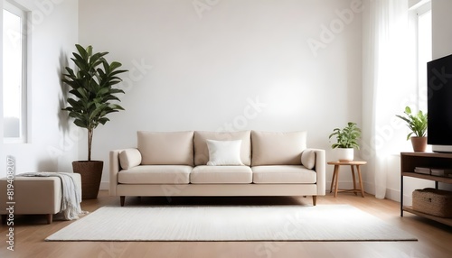 Minimal Scandinavian contemporary sofa with sunlight. Simplistic Home  plants. 