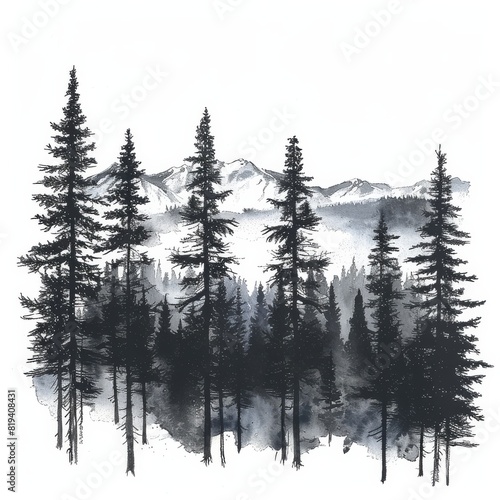 Artistic Ink Illustration of Pine Trees with Mountains in the Background  Showcasing A Beautiful Nature Landscape in Black and White