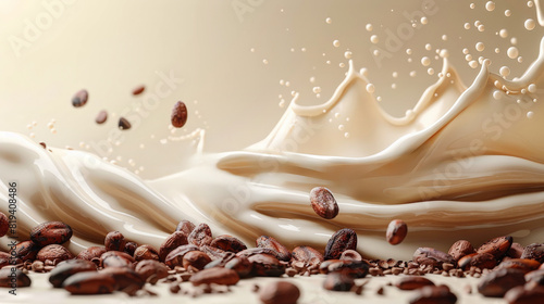 Happy Chocolate Day bright banner background with river white melted chocolate surrounded cacao bean