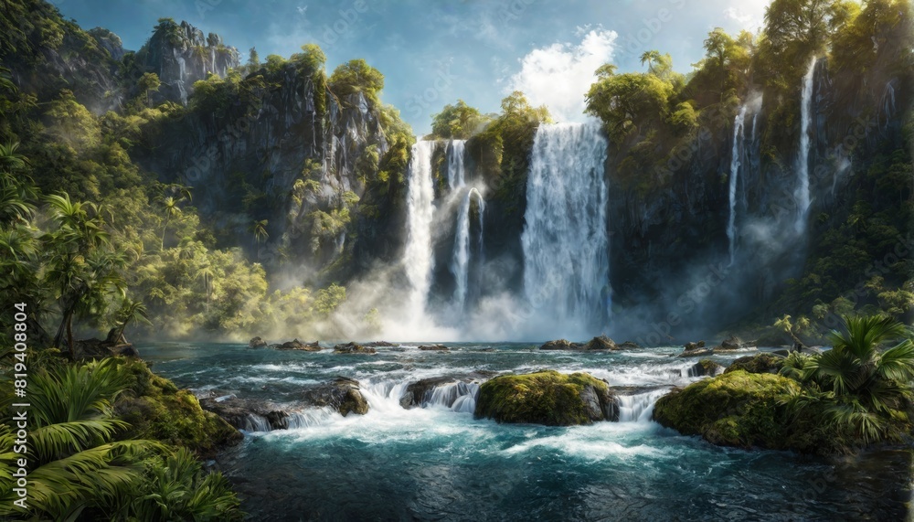 Obraz premium cinematisch aussehende landschaft mit traumhaften wasserfall, island, irland schottland