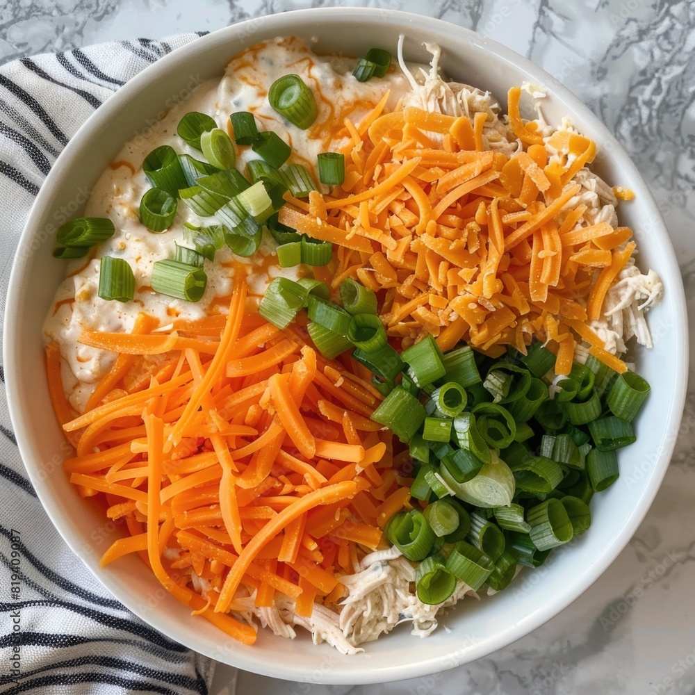 White bowl with buffalo chicken dip with shredded chicken, cream cheese, buffalo sauce, ranch dressing, and shredded cheddar cheese. White bowl with buffalo chicken dip with shredded chicken, cream cheese, buffalo sauce, ranch dressing, and shredded cheddar cheese.