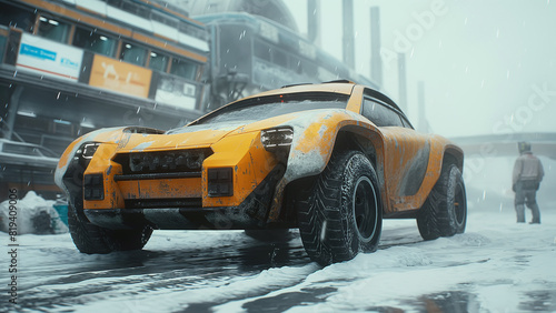 Cyberpunk Yellow Sports Car in Urban City During Snowstorm - GENERATIVE AI