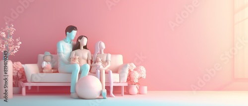 family flat design side view reunion theme 3D render colored pastel
