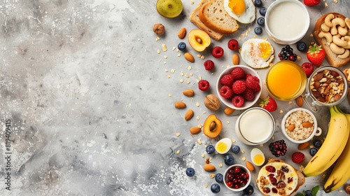 Assorted Fruits, Cereals, and Foods for Healthy Breakfast