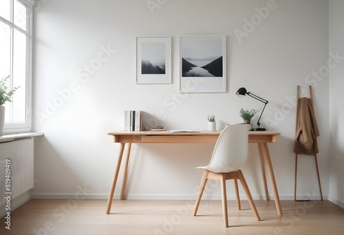 Clean Aesthetic Scandinavian style table, desk with decorations © Gia