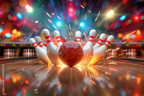A bowling ball is in the middle of a bowling game with a bunch of bowling pins photo