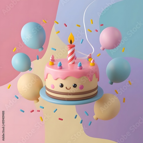 Cute Birthday cake cartoon illustration 3d render isolated on pastel background. Children Birthday cake with colorful balloons and candle light. Birthday Anniversary party cake celebration elements. 