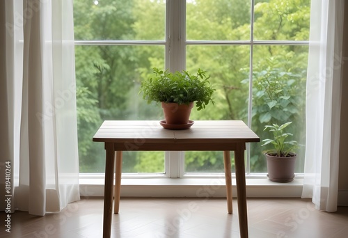 Minimal Scandinavian contemporary empty wooden table with sunlight. Simplistic   garden  green view. window.