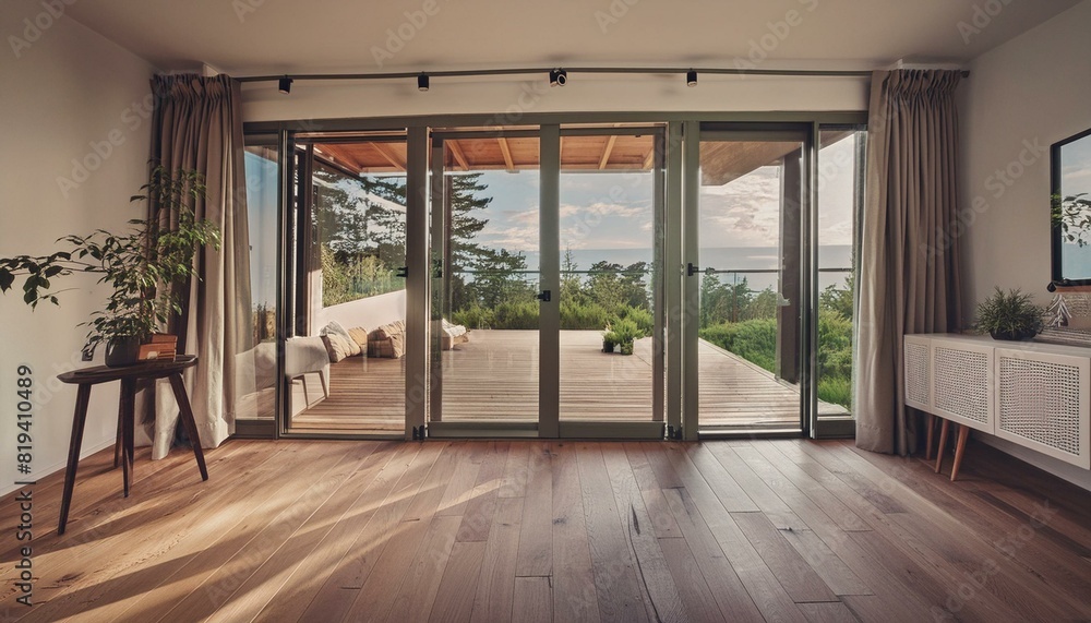 modern home interior with oak floor and windows, view from exterior modern home interior with oak floor and windows, view from exterior