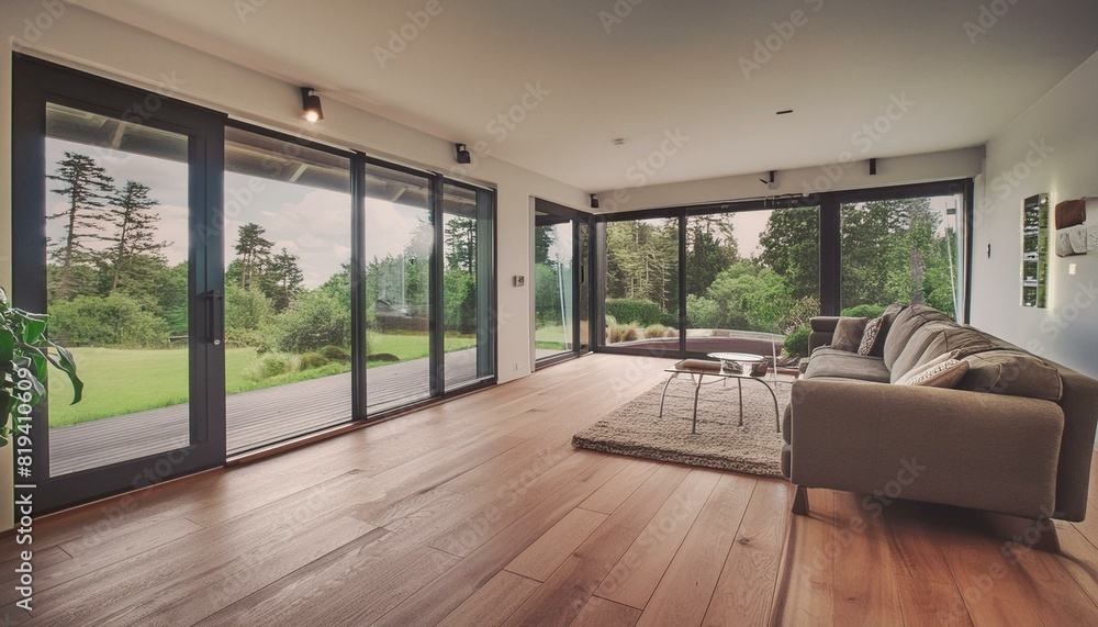 modern home interior with oak floor and windows, view from exterior modern home interior with oak floor and windows, view from exterior