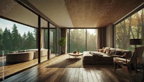 modern home interior with oak floor and windows  view from exterior