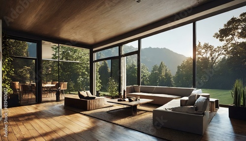 modern home interior with oak floor and windows, view from exterior