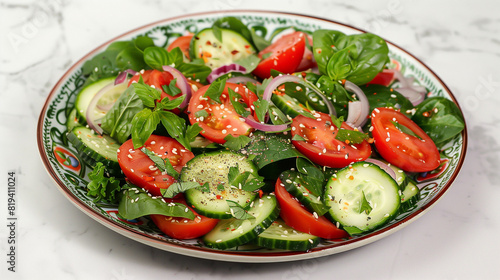 Fresh Vegetable Salad With Cucumbers  Tomatoes  Onions  and Herbs