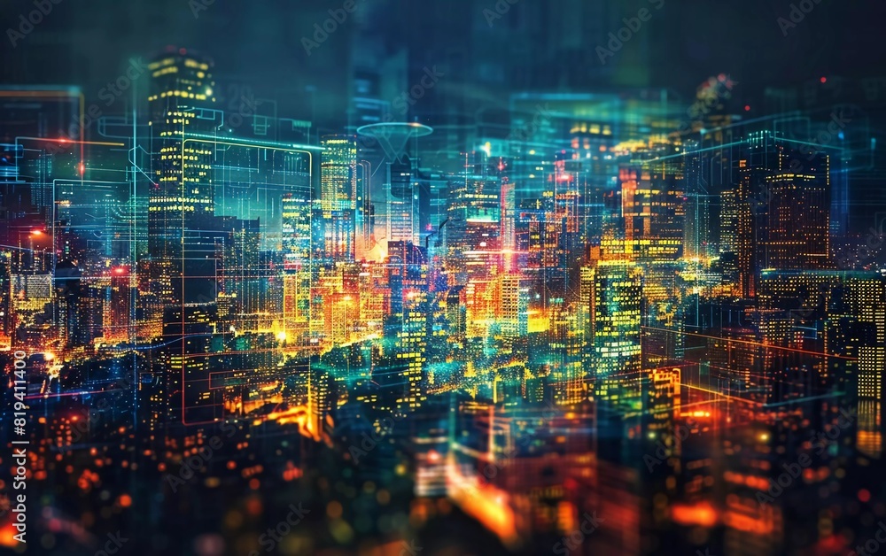 Panoramic urban architecture, cityscape with space effect and neon lights. Modern futuristic high tech, science and technology concept. Very forward looking abstract high digital