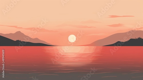 The setting sun casts a pink glow on the lake and mountains. © tohceenilas