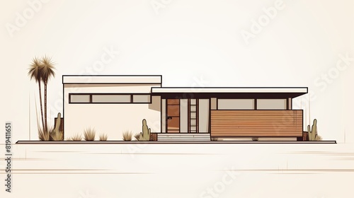 The image shows a mid-century modern house with a flat roof, large windows, and a wooden front door. photo