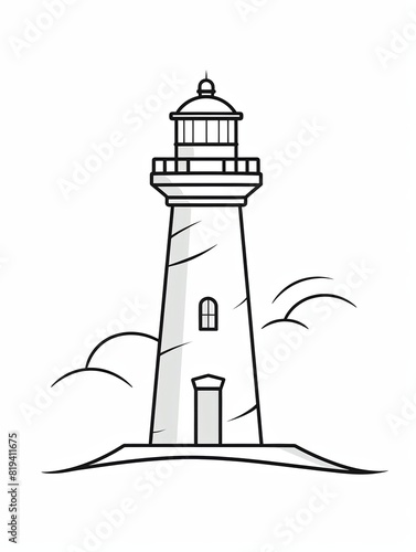 The black and white line drawing of a lighthouse on a hill with clouds behind it.