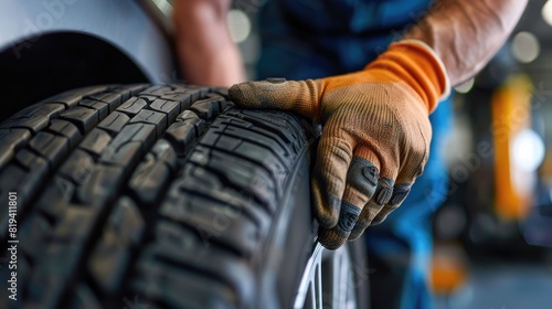 male car mechanic changing tire at auto repair shop garage