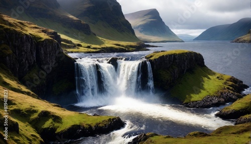 cinematisch aussehende landschaft mit traumhaften wasserfall, island, irland schottland